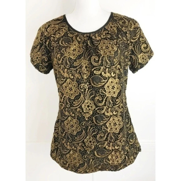 BR Monogram • Gold Black Shirred Lace Blouse - Picture 1 of 4